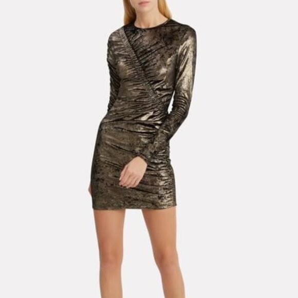 Ronny Kobo‎ Gold Metallic Yardan Velvet Ruched Mini Long Sleeve Dress S - Picture 2 of 7